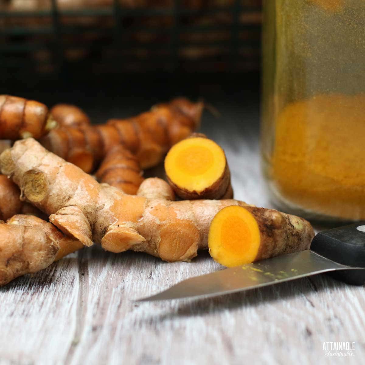 A selection of fresh turmeric roots and a jar of pure honey on a wooden kitchen table, bright and clean setting.