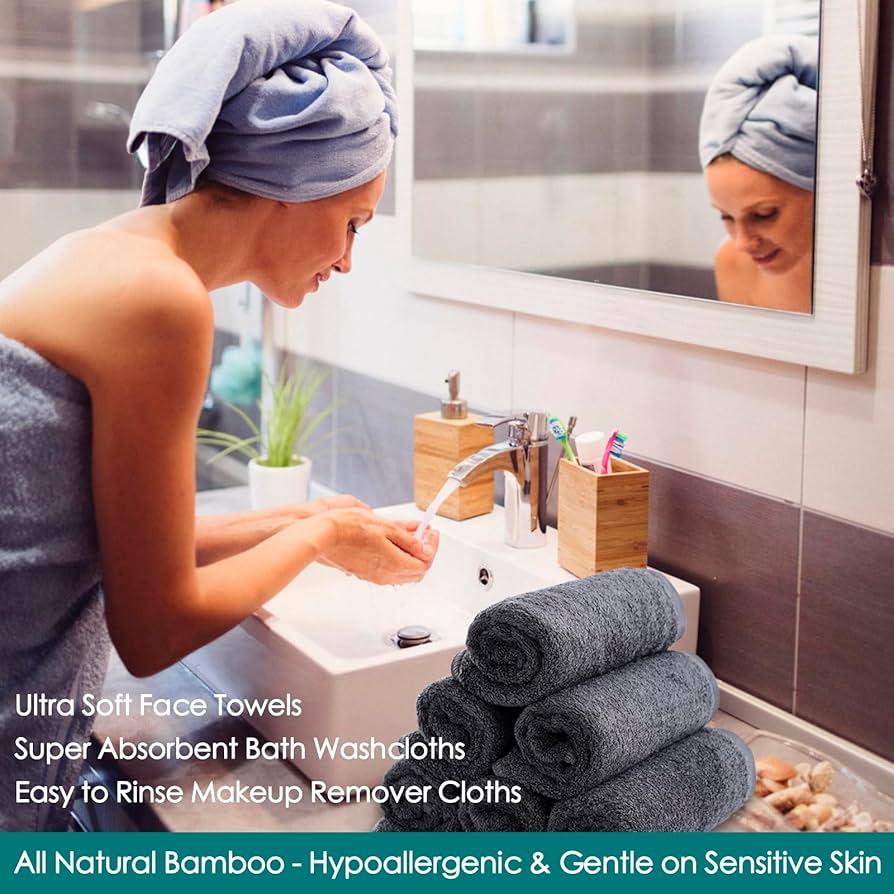 woman washing face with warm water in bathroom, soft towels, gentle lighting