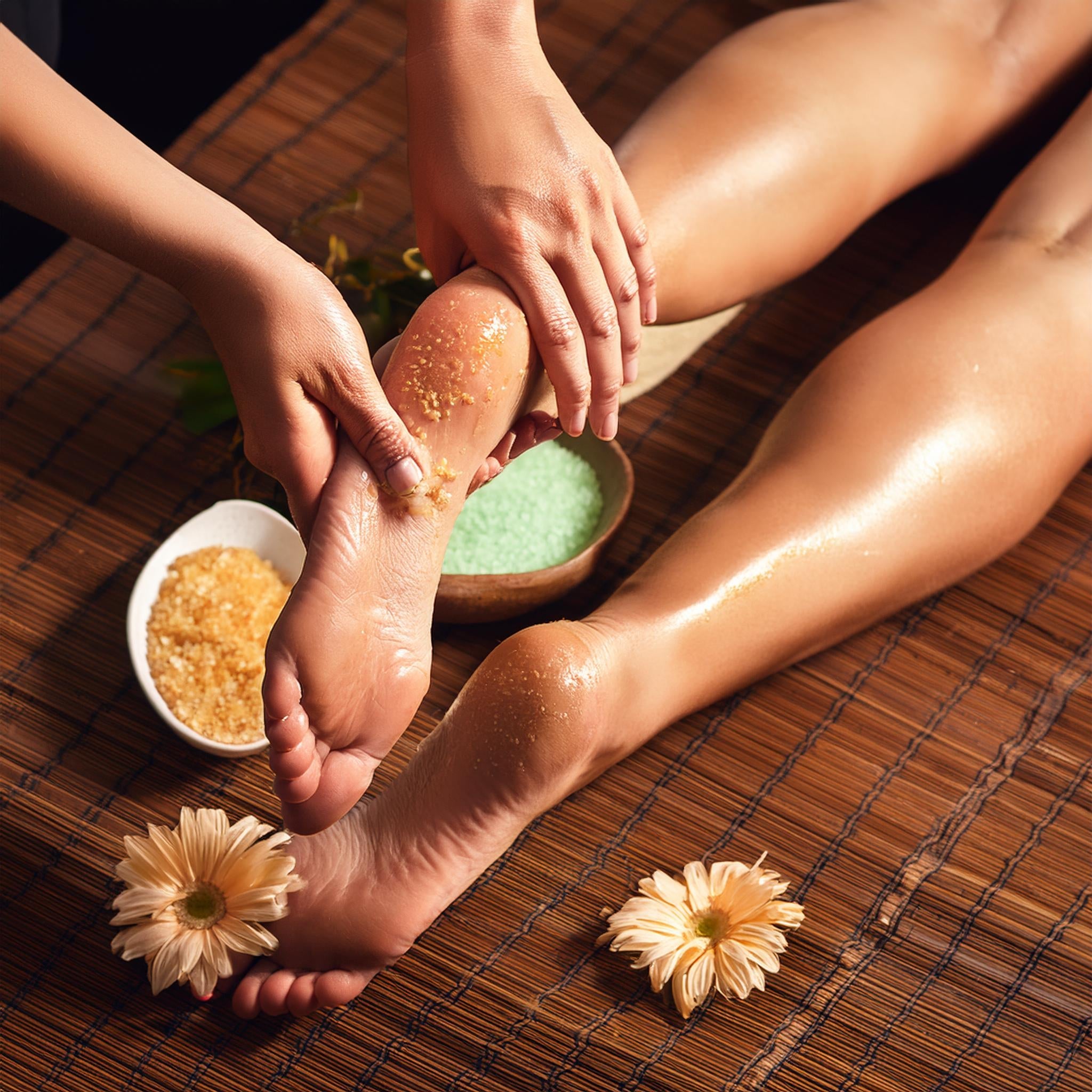 hands gently massaging face with scrub, close-up, relaxing spa atmosphere