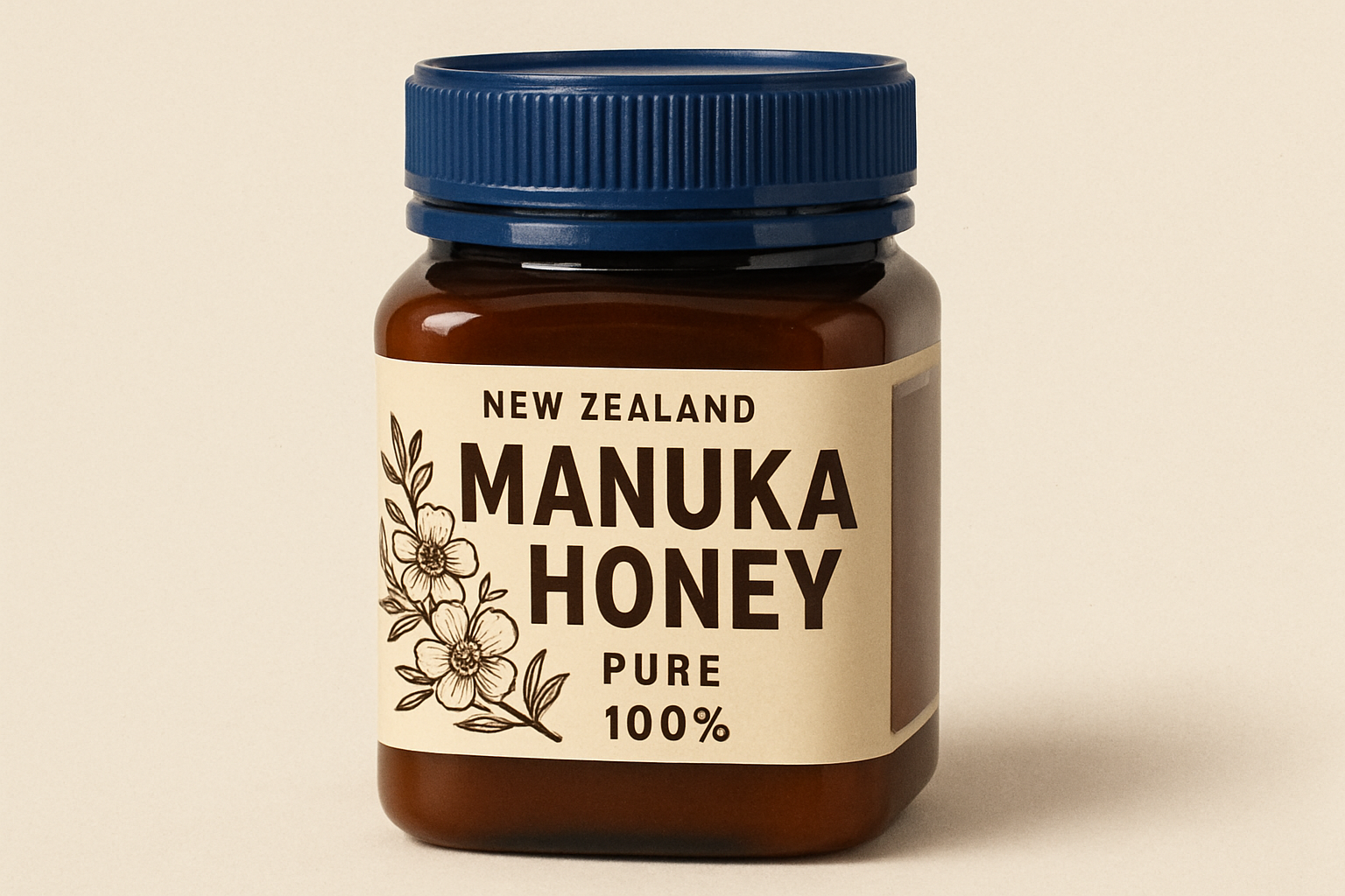 Hũ mật ong Manuka nguyên chất đến từ New Zealand với màu sắc sẫm đặc trưng, nổi bật chỉ số MGO trên nhãn, đặt trên nền gỗ tự nhiên.