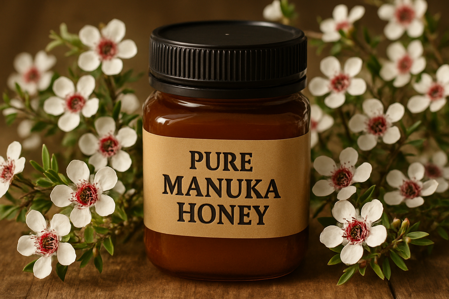 Hũ mật ong Manuka nguyên chất đặt trước nền hoa Manuka nở rộ, thể hiện nguồn gốc tự nhiên và tinh khiết của sản phẩm.