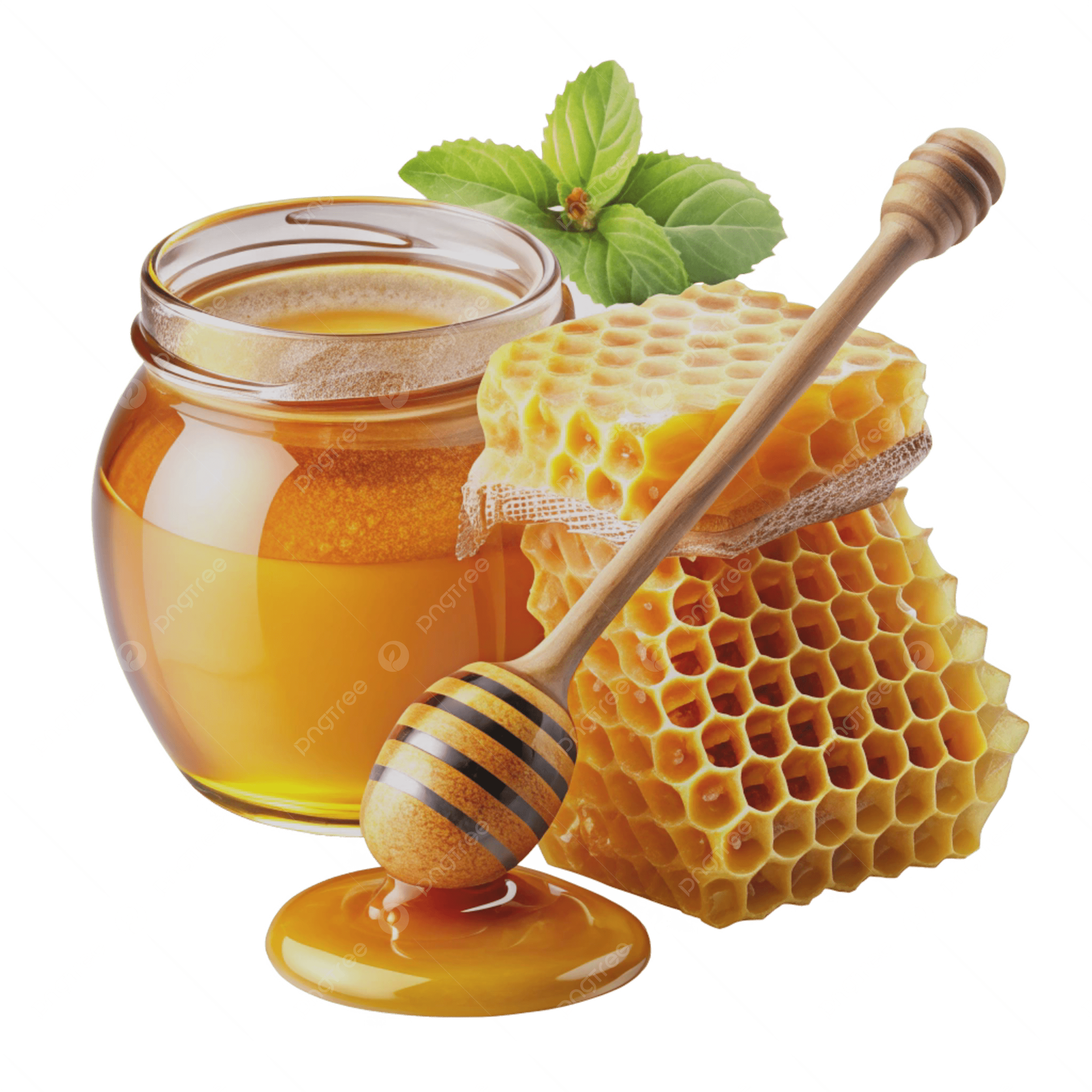 Cận cảnh giọt mật ong nguyên chất chảy từ tổ ong tự nhiên, nổi bật màu vàng óng ánh và kết cấu sánh mịn