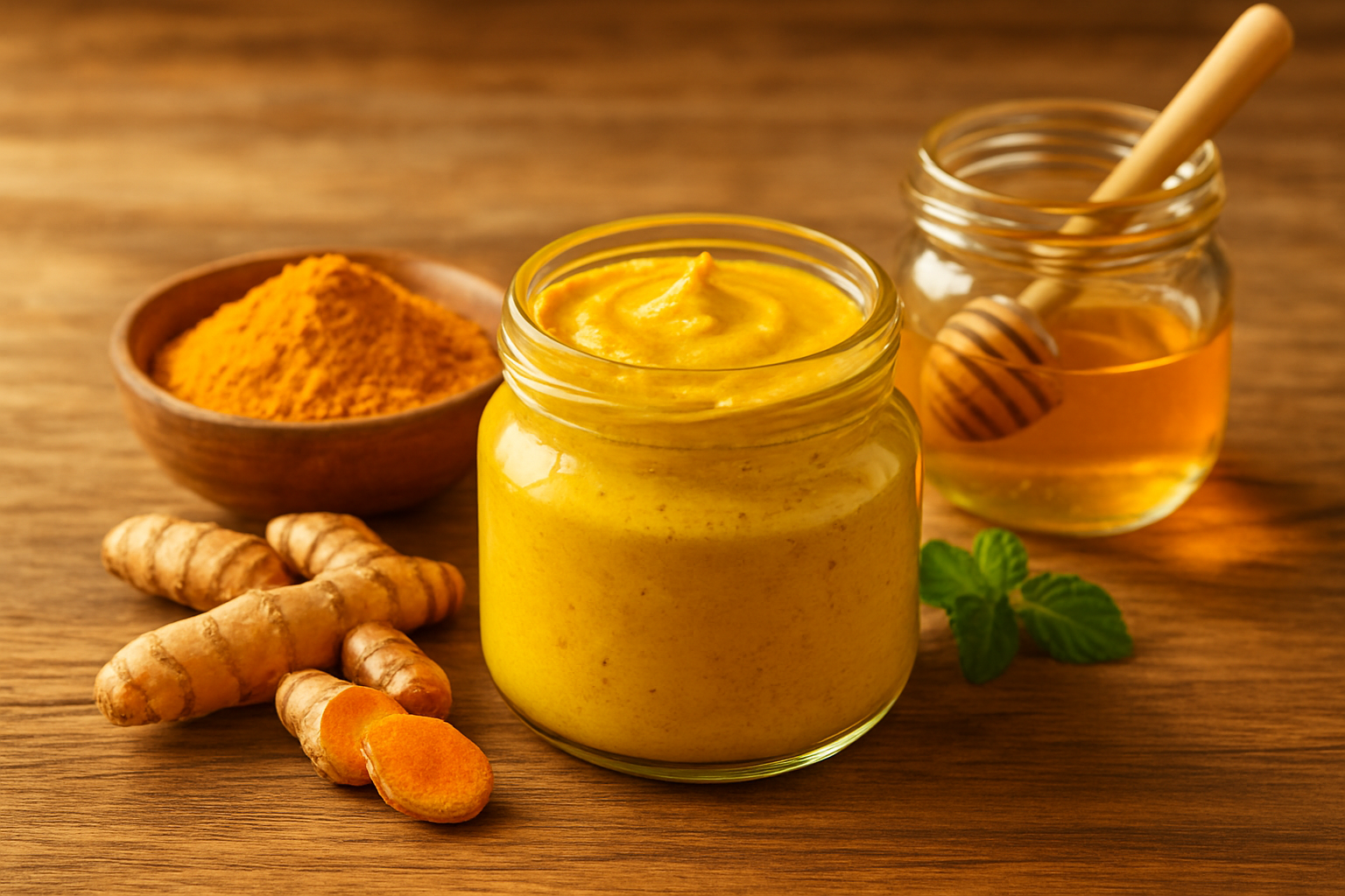 Mặt nạ mật ong nghệ tự nhiên trên nền gỗ, ánh sáng ấm áp, thể hiện sự tươi mới và gần gũi, phù hợp cho bài viết về công dụng và công thức làm đẹp da tại nhà