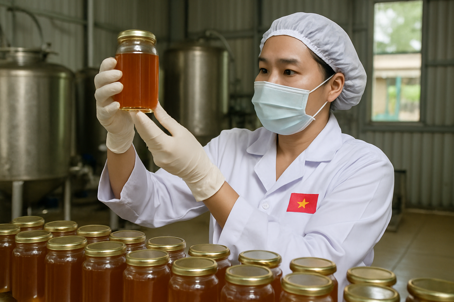 Tổ chức kiểm định chất lượng mật ong tại xưởng sản xuất ở Việt Nam, chuyên gia kiểm tra mẫu mật ong và thiết bị hiện đại