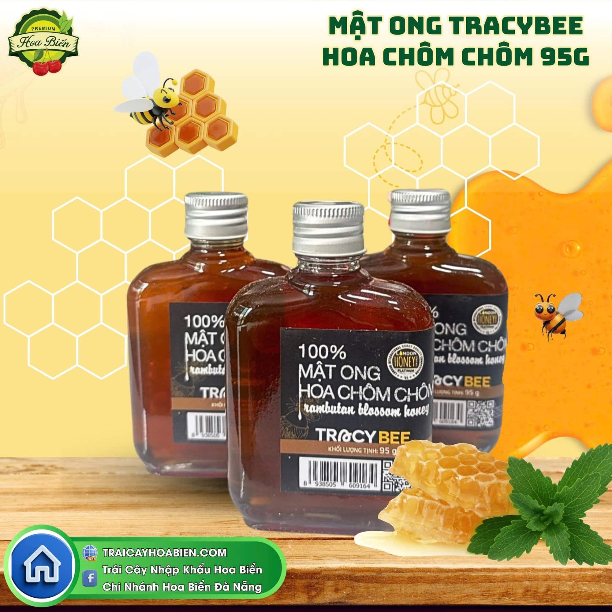 Mật ong hoa chôm chôm nguyên chất miền Tây trong lọ thủy tinh, ánh vàng óng ánh, đặt cạnh hoa chôm chôm tươi – hình ảnh minh họa lợi ích dưỡng tóc, phục hồi và bảo vệ tóc tự nhiên