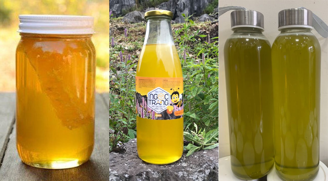 Cận cảnh giọt mật ong bạc hà Hà Giang trong suốt trên thìa gỗ, nền là rừng hoa bạc hà tím biếc đặc trưng cao nguyên đá Đồng Văn